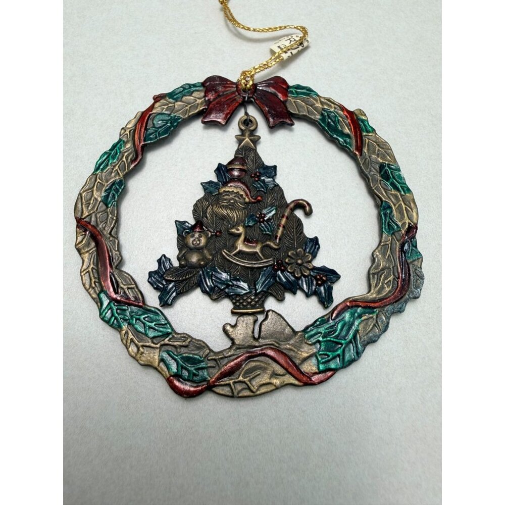 Russ Ornament Metal & Enamel Wreath With Dangling Tree - Vintage Holiday